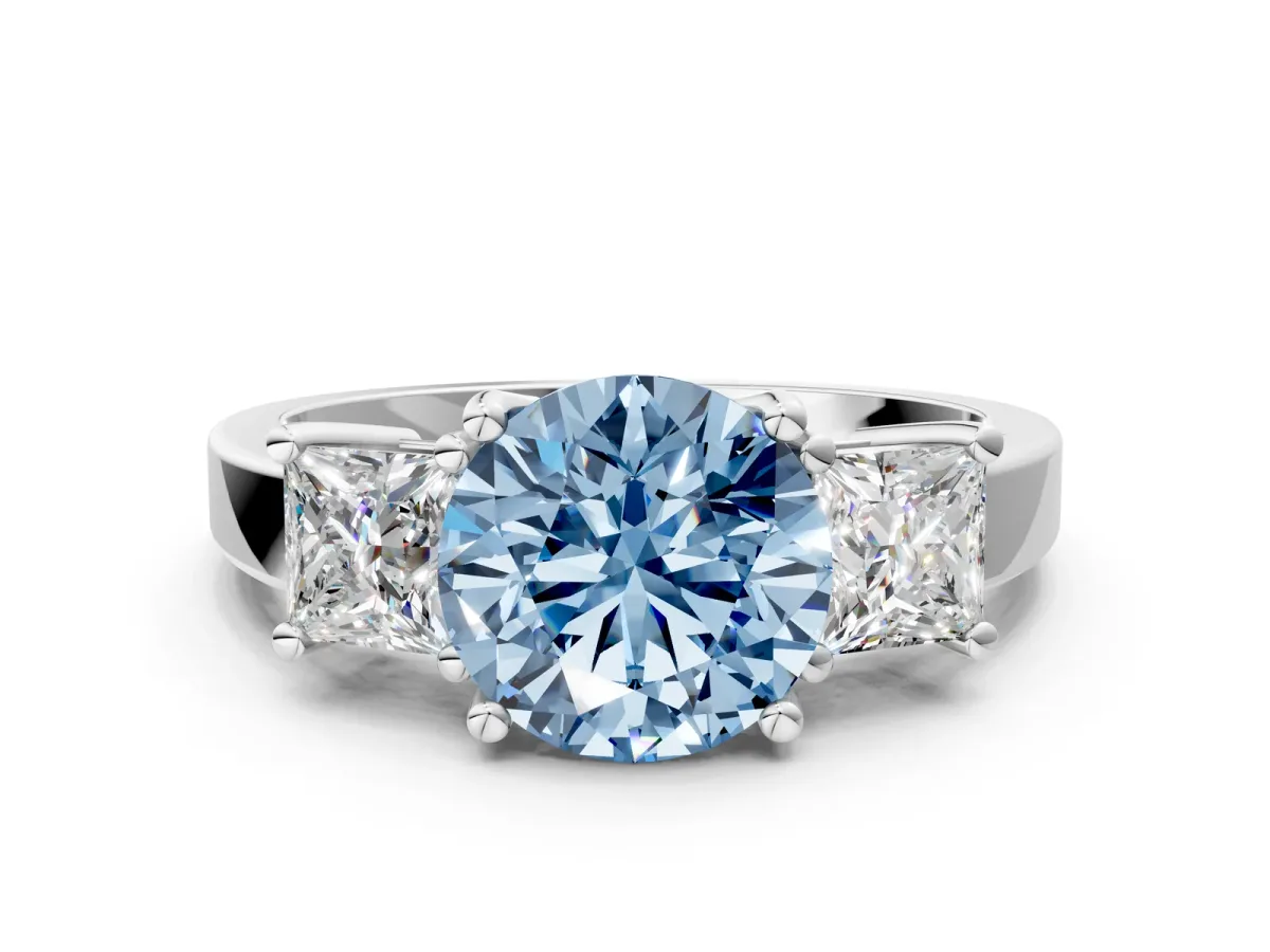 Fancy Blue Three-Stone Round Cut Cut Solitaire Ring with Prong Setting White gold