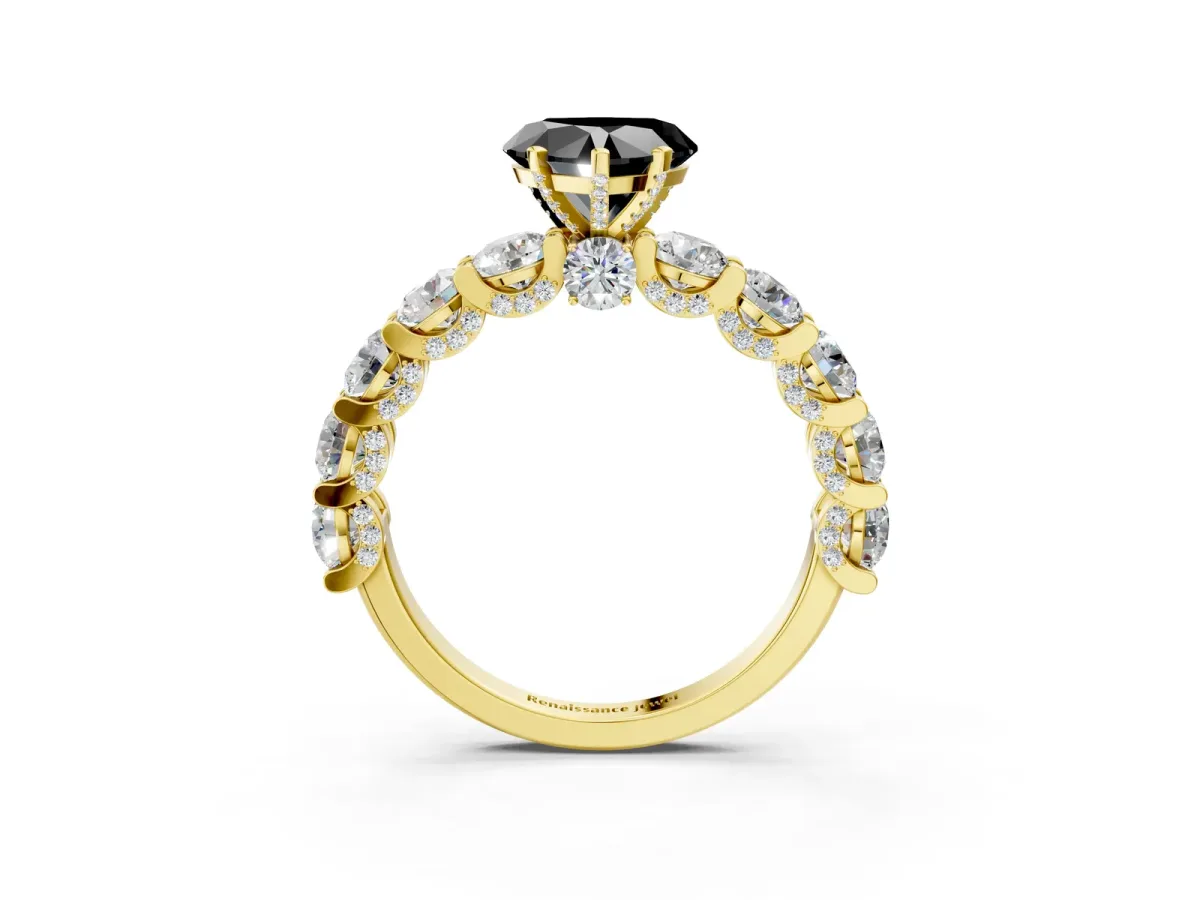 Fancy Black Heart Cut Diamond Side Stone Engagement Ring with Four-Prong Setting Yellow gold