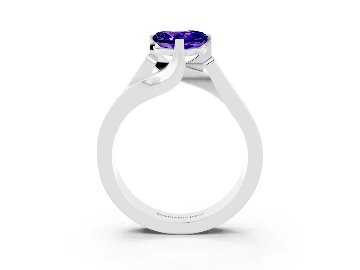 Modern Tension Set Heart Cut Tanzanite Solitaire Wide Band Ring Silver