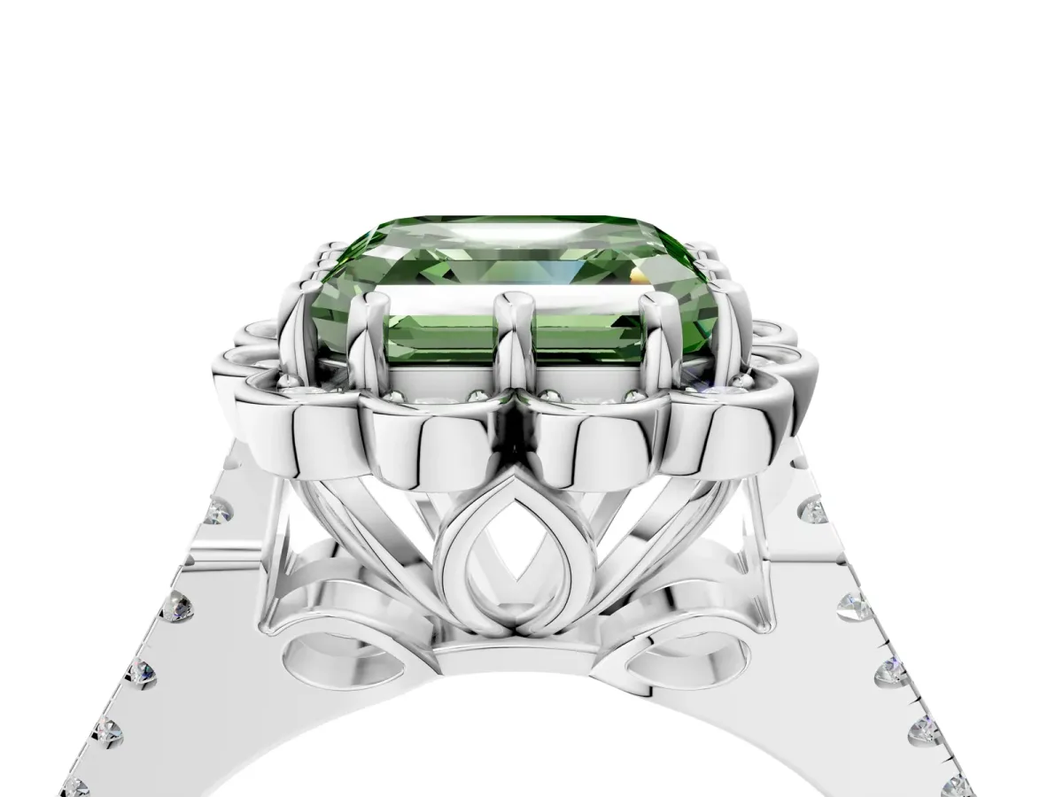 Fancy Green Asscher Cut Halo Diamond Floral Split Shank Engagement Ring Platinum
