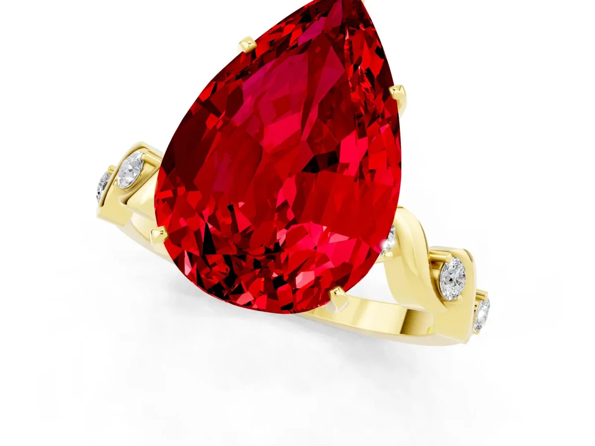 Pear Cut Ruby Solitaire Twisted Band with Round Accents and Prong Setting Yellow gold