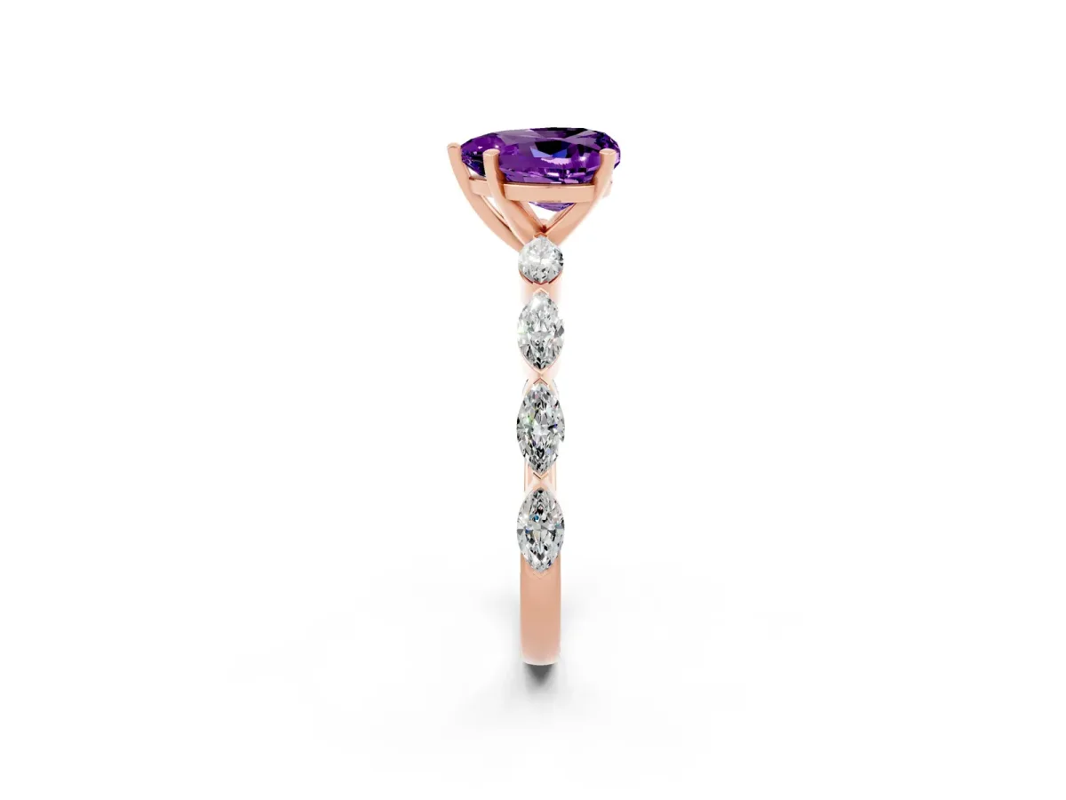 Heart Cut Amethyst Ring with Marquise Side Stones and Prong Setting Rose gold