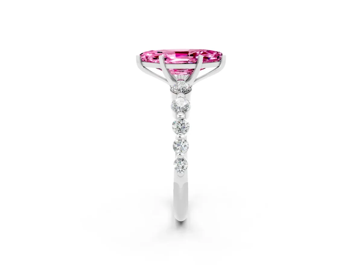 Marquise Cut Solitaire Pink Sapphire Ring with Pave Band and Four-Prong Setting Silver