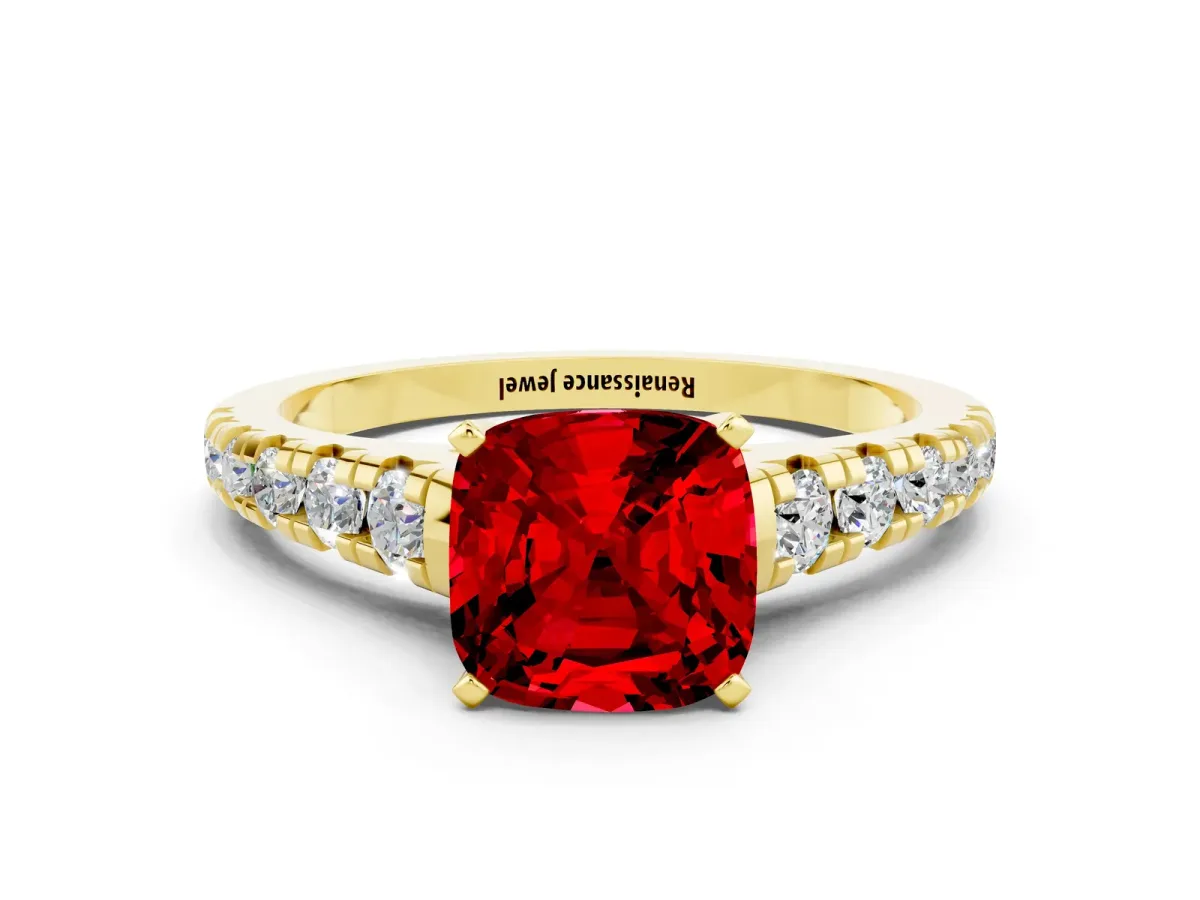 Cushion Cut Ruby Cathedral Solitaire Ring with Round Pavé Band Yellow gold