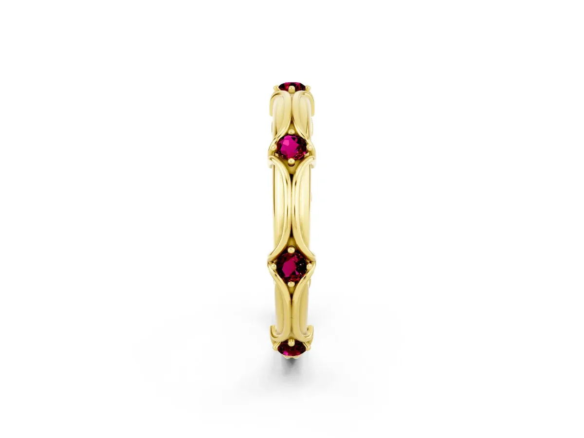 Round Garnet Prong Set Milgrain Eternity Band Yellow gold