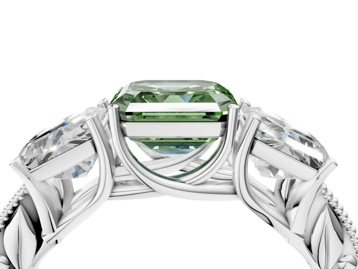 Fancy Green Three-Stone Asscher Cut Cut Milgrain Pavé Engagement Ring Platinum