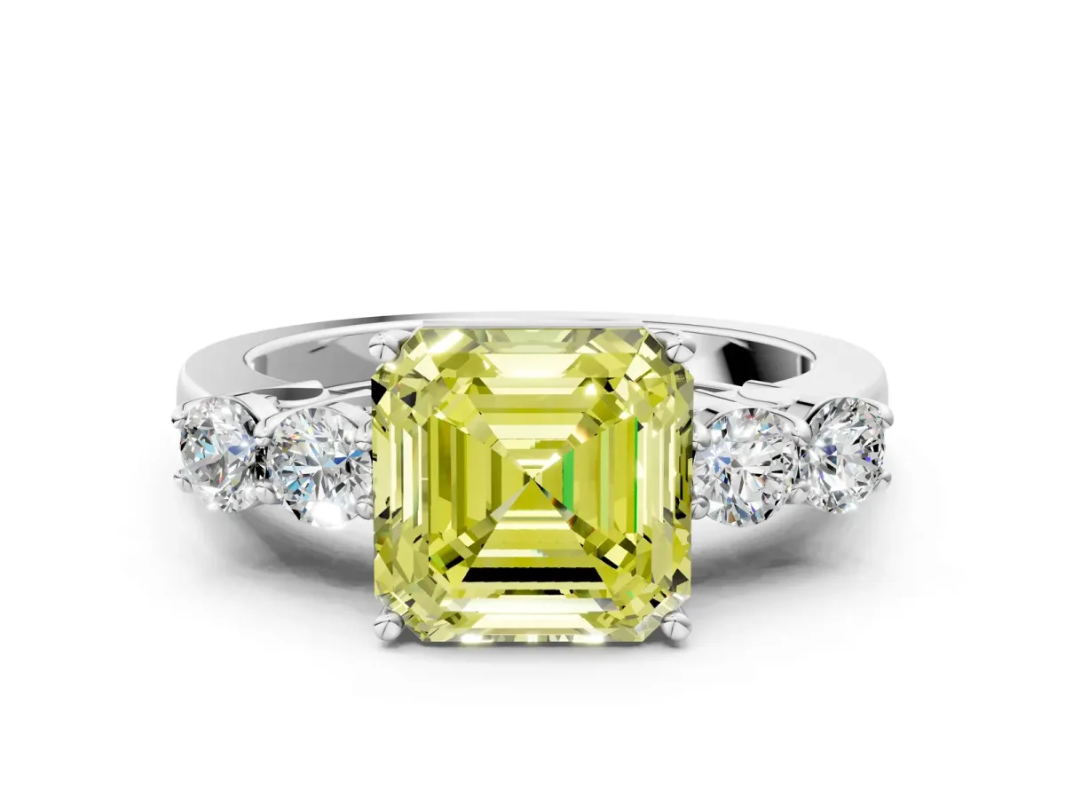 Fancy Yellow Asscher Cut Cut Diamond Five-Stone Prong Set White Gold Ring Platinum