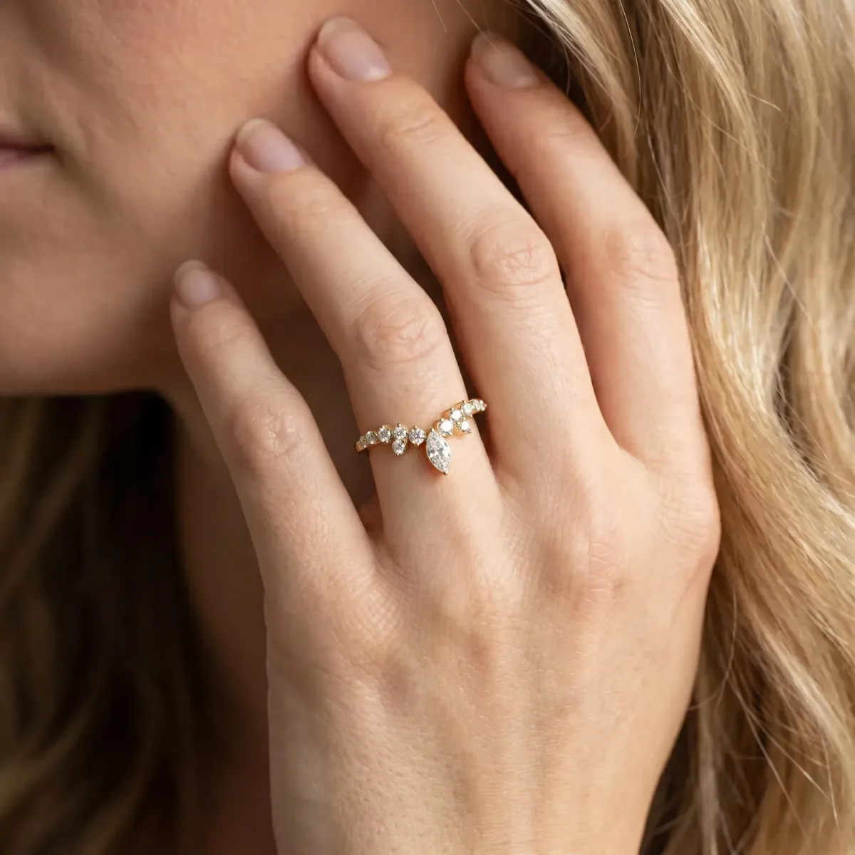 Marquise and Round Diamond Chevron Band with Prong Setting Yellow gold