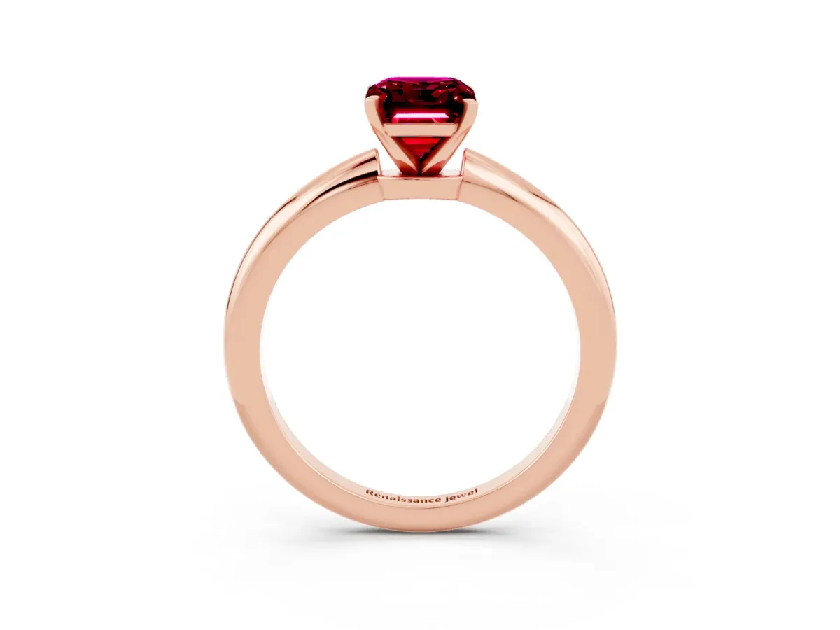 Emerald Cut Garnet Solitaire Ring with Six-Prong Setting and Classic Band Rose gold