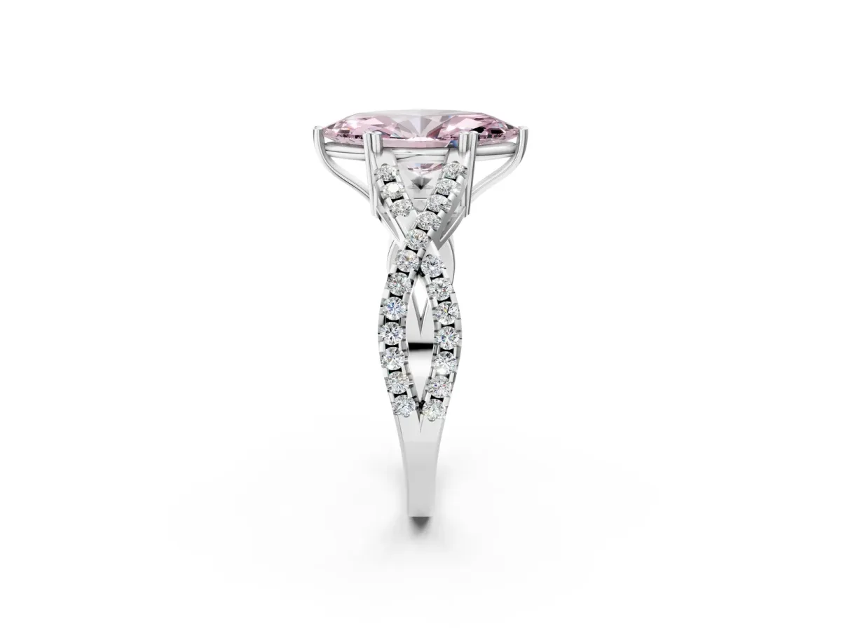 Fancy Pink Marquise Cut Diamond Solitaire Ring with Four-Prong Setting and Twisted Pavé Band Silver
