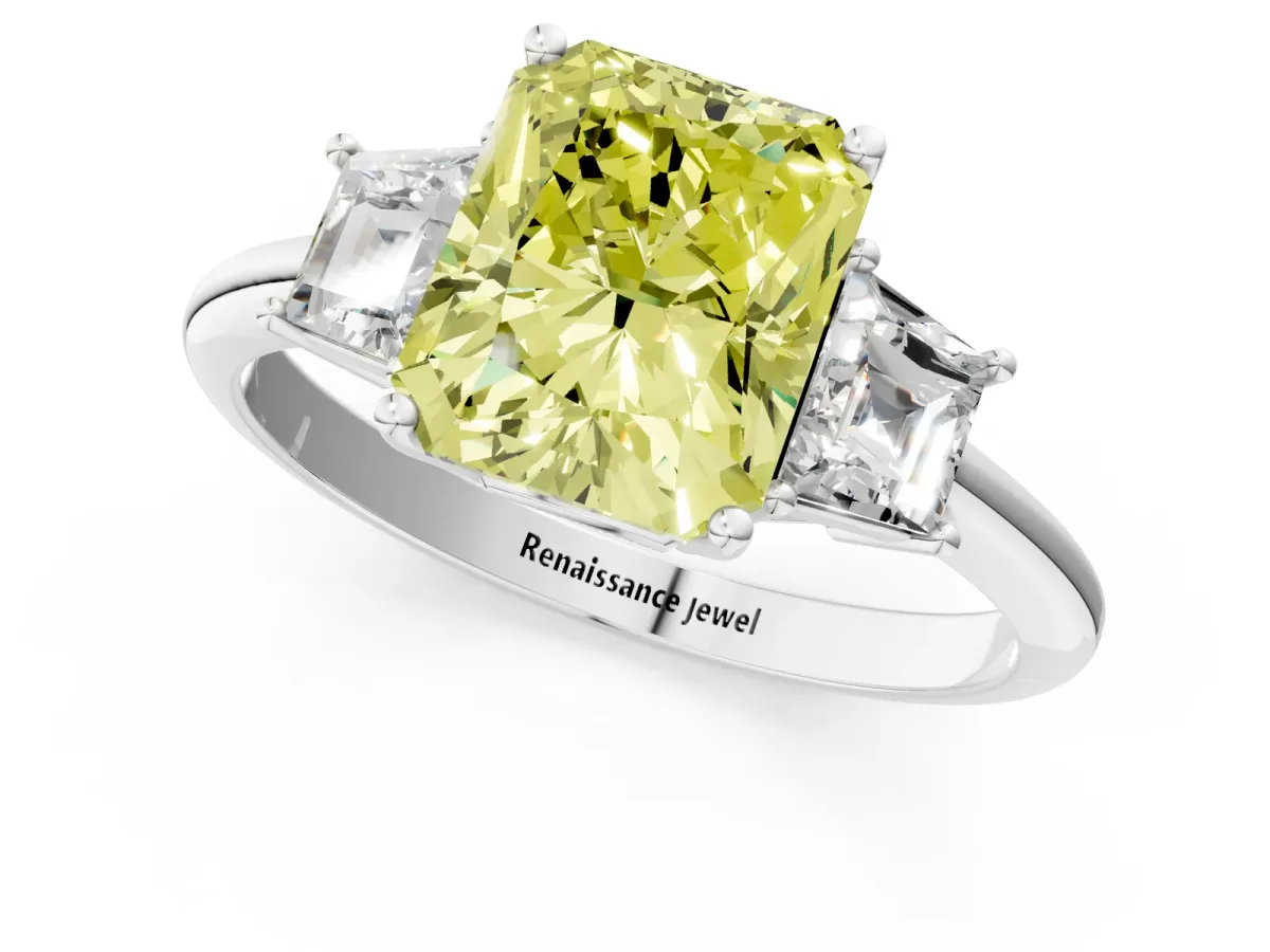 Fancy Yellow Radiant Cut Diamond Three-Stone Ring with Trapezoid Side Stones and Prong Setting Silver