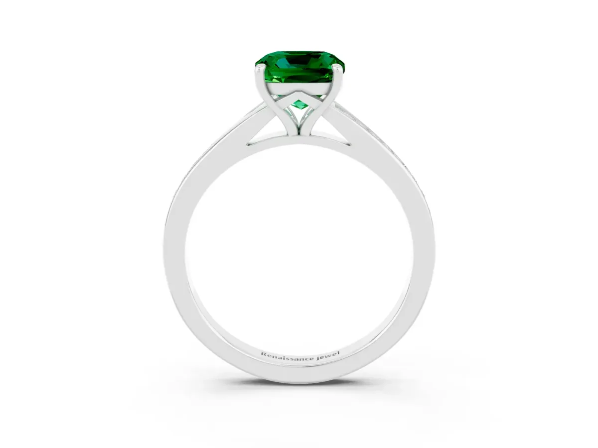 Cushion Cut Emerald Solitaire Ring with Pavé Band and Prong Setting Silver
