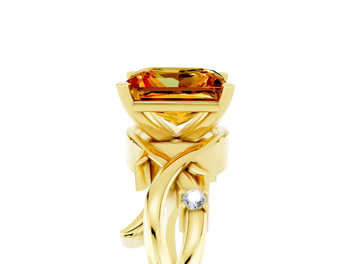 Princess Cut Citrine Solitaire Ring with Twisted Band and Prong Setting Yellow gold