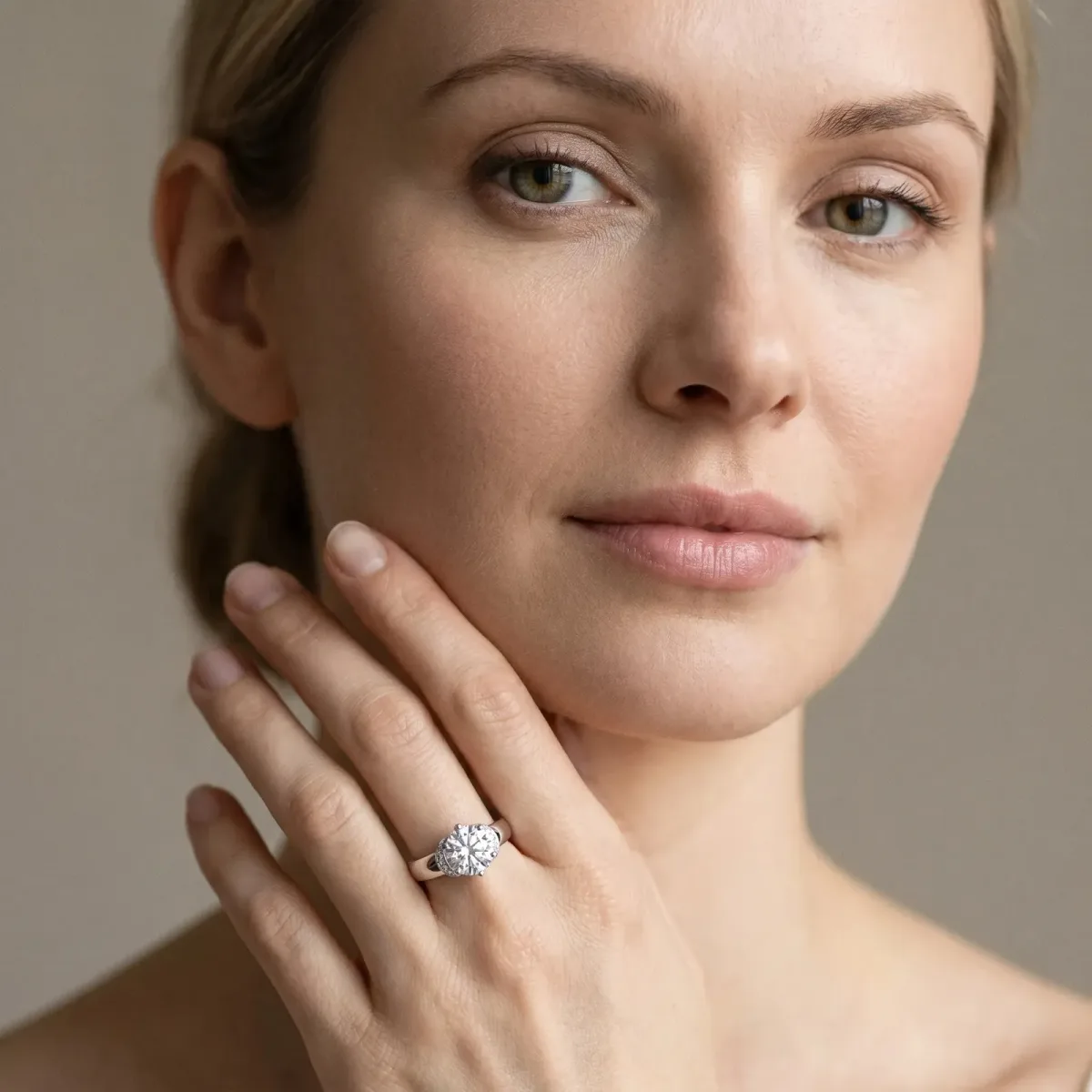 Round Cut Solitaire Diamond Ring with Pave Band and Six-Prong Setting Silver