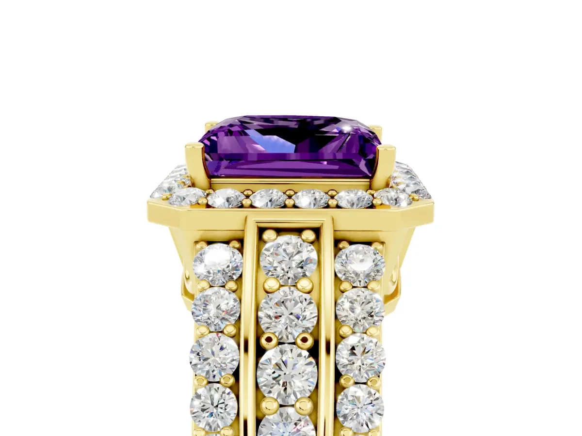Princess Cut Halo Amethyst Ring with Round Split Shank and Prong Setting Yellow gold