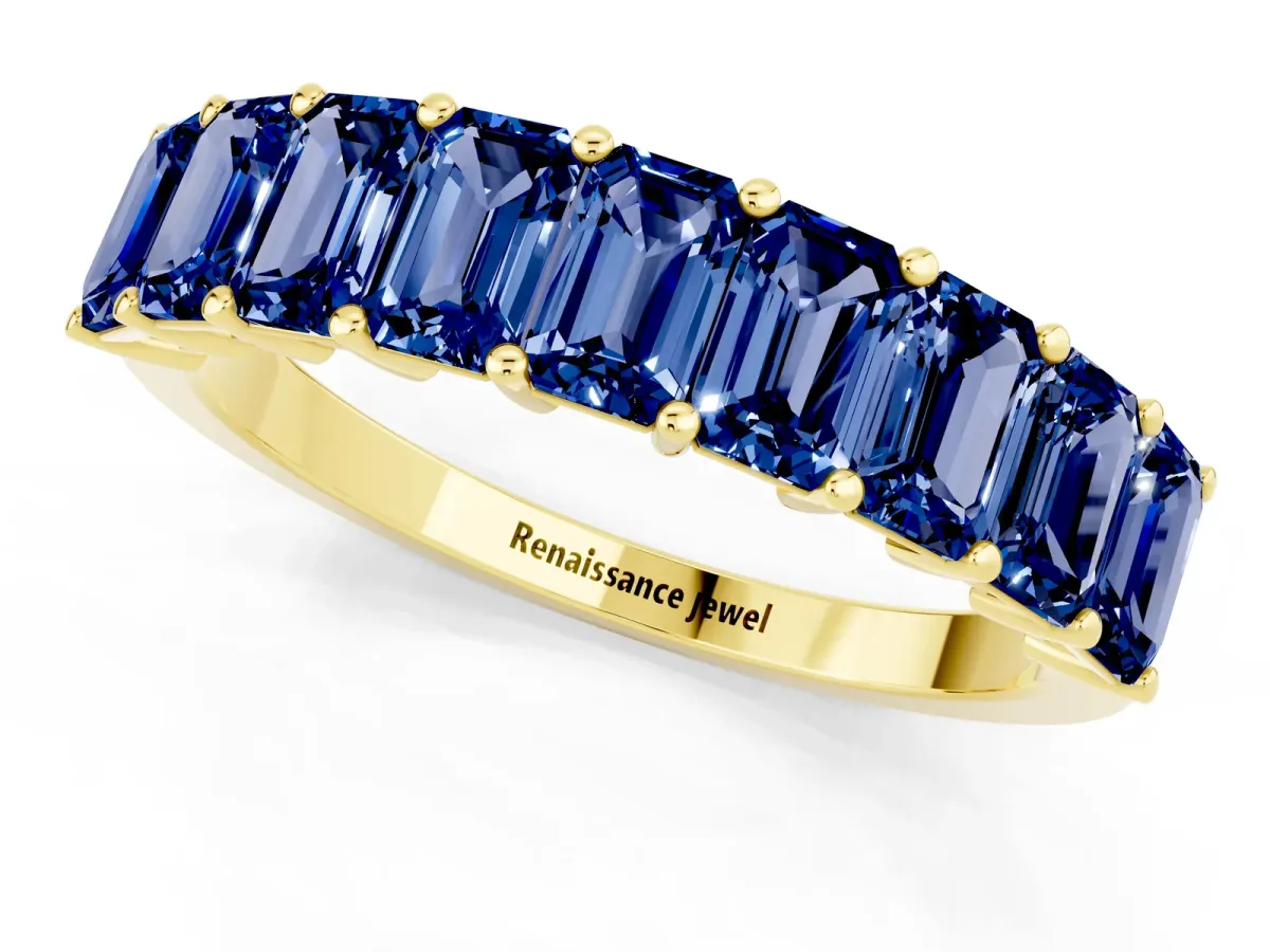 Emerald Cut Blue Sapphire Prong-Set Eternity Band Yellow gold