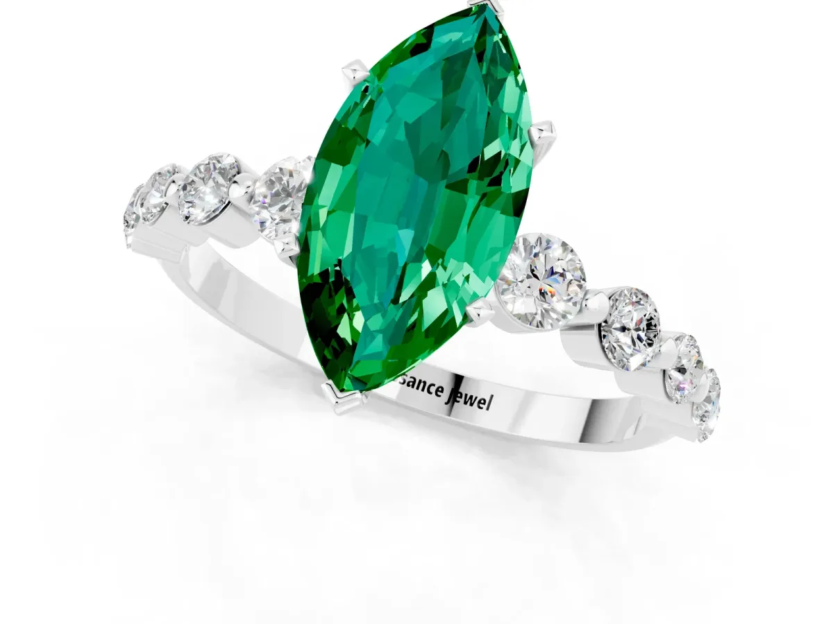 Marquise Cut Solitaire Emerald Ring with Pave Band and Four-Prong Setting Platinum