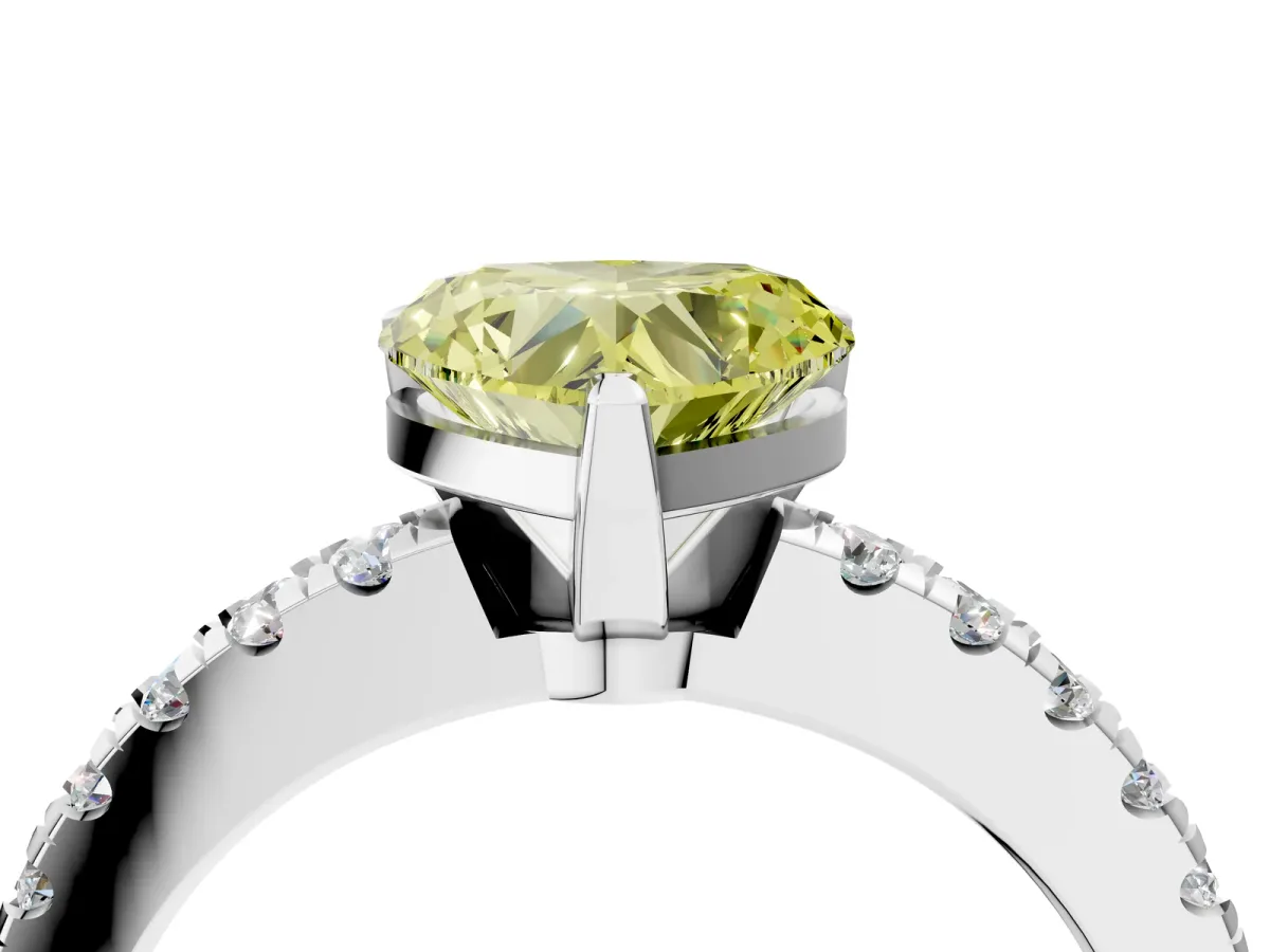 Fancy Yellow Heart Cut Solitaire Diamond with Pavé Band and Four-Prong Setting Silver