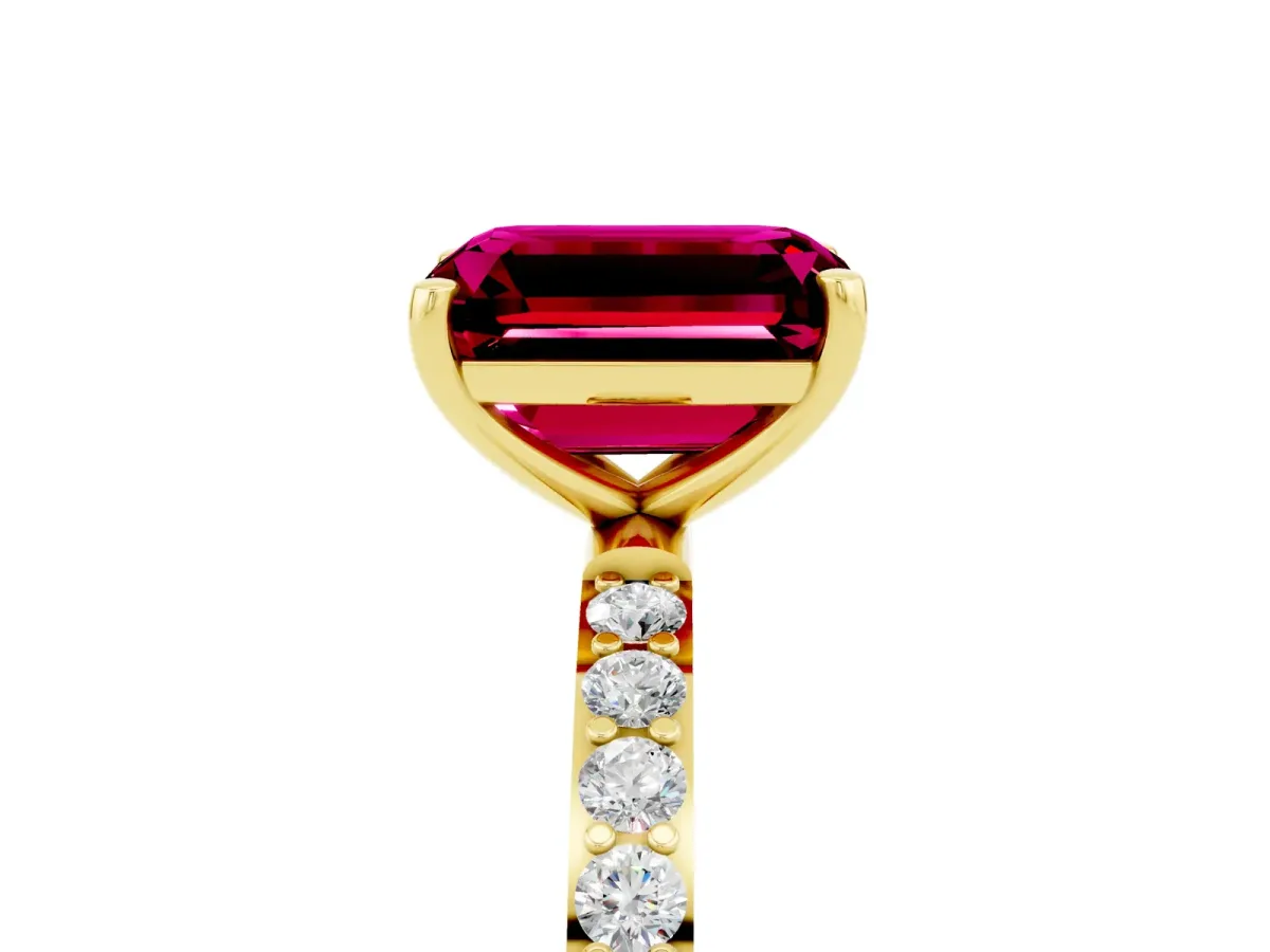 Emerald Cut Garnet Solitaire Ring with Round Pavé Band and Prong Setting Yellow gold
