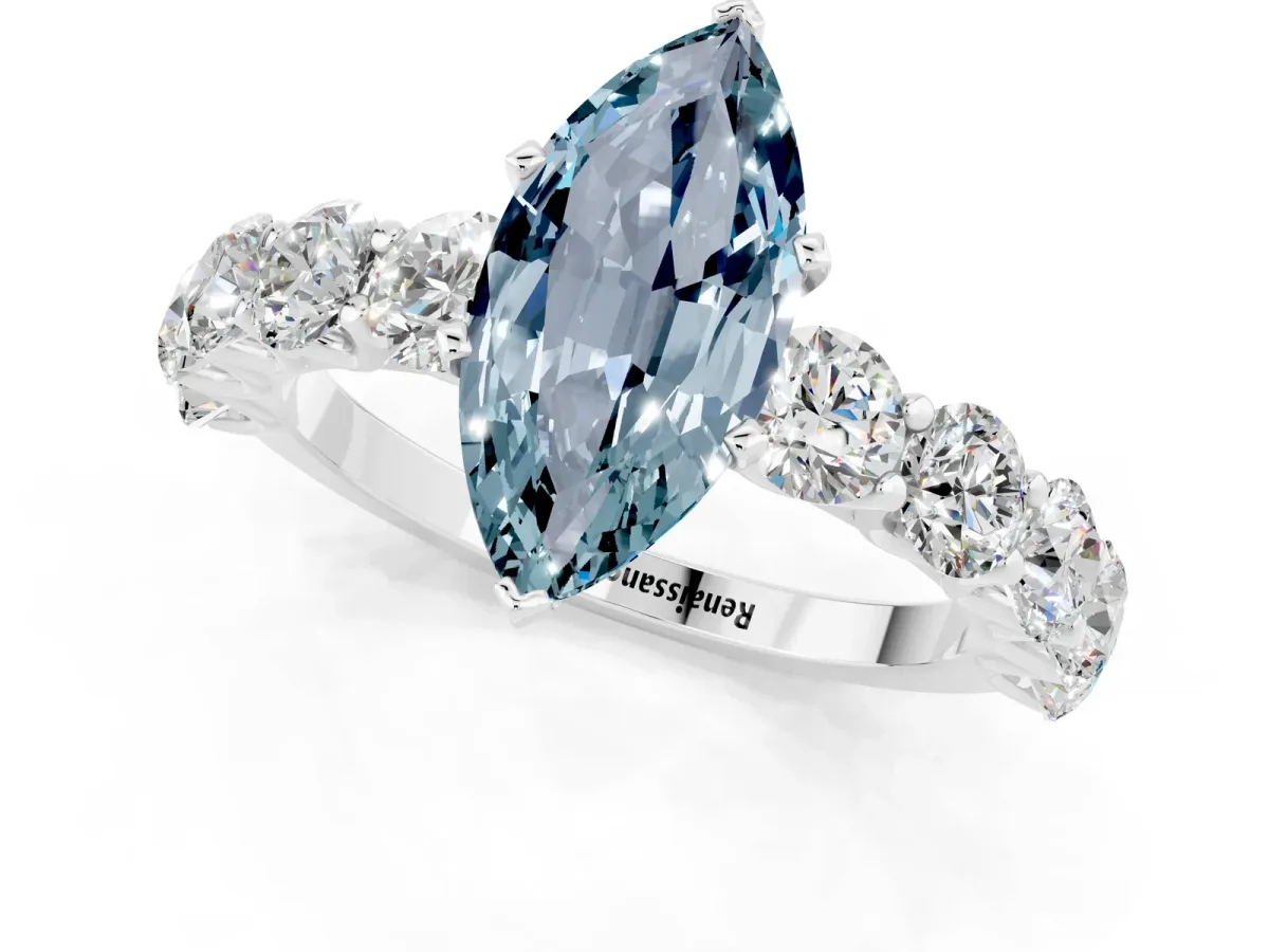 Marquise Cut Aquamarine Prong Setting with Side Stones on a Pave Band Silver