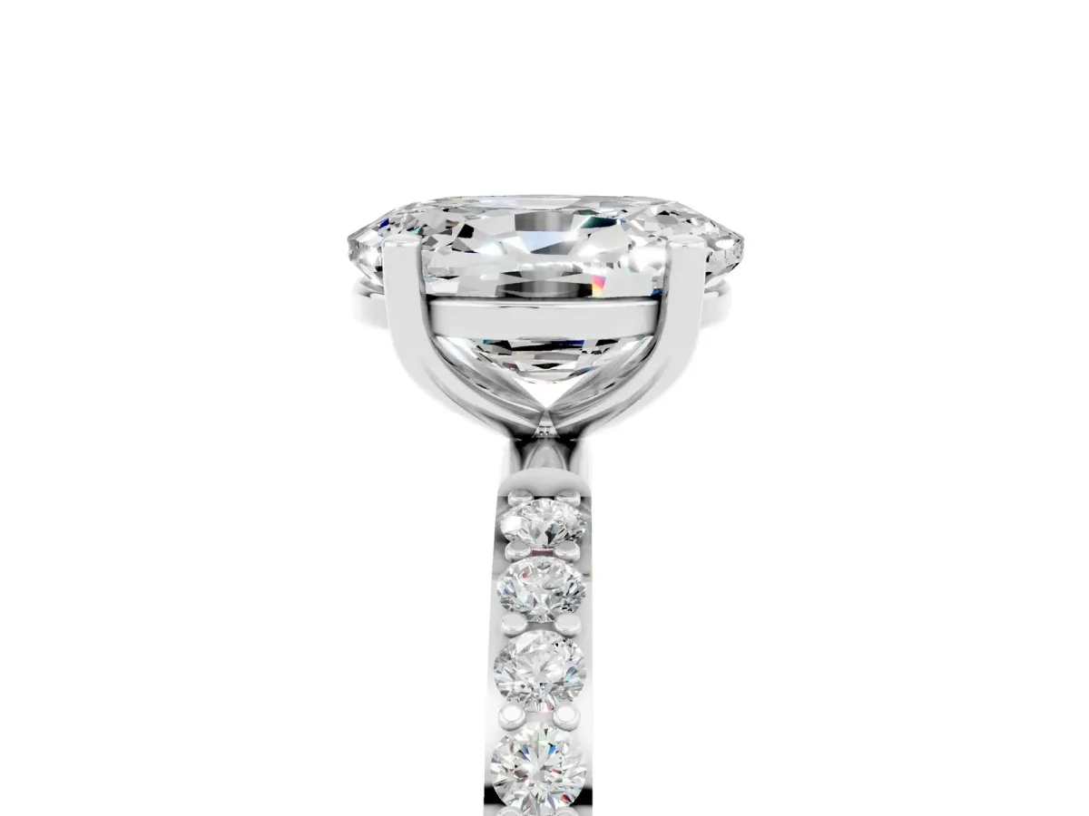 Oval Cut Moissanite Solitaire Ring with Round Pavé Band and Prong Setting Silver