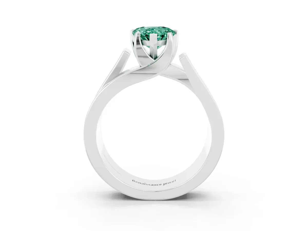 Modern Tension Set Pear Cut Green Sapphire Solitaire Wide Band Ring Silver
