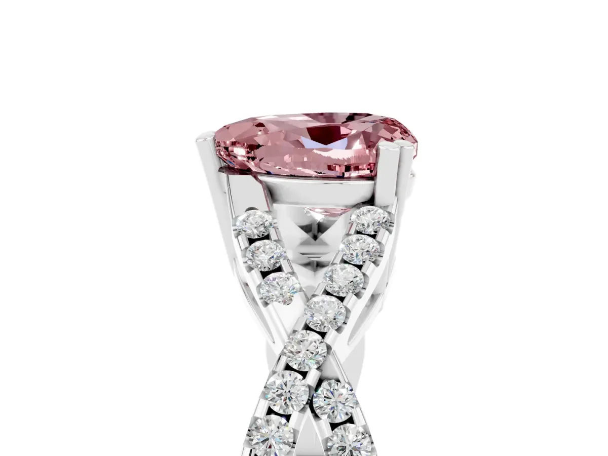 Heart Cut Morganite Solitaire Ring with Four-Prong Setting and Twisted Pavé Band Silver