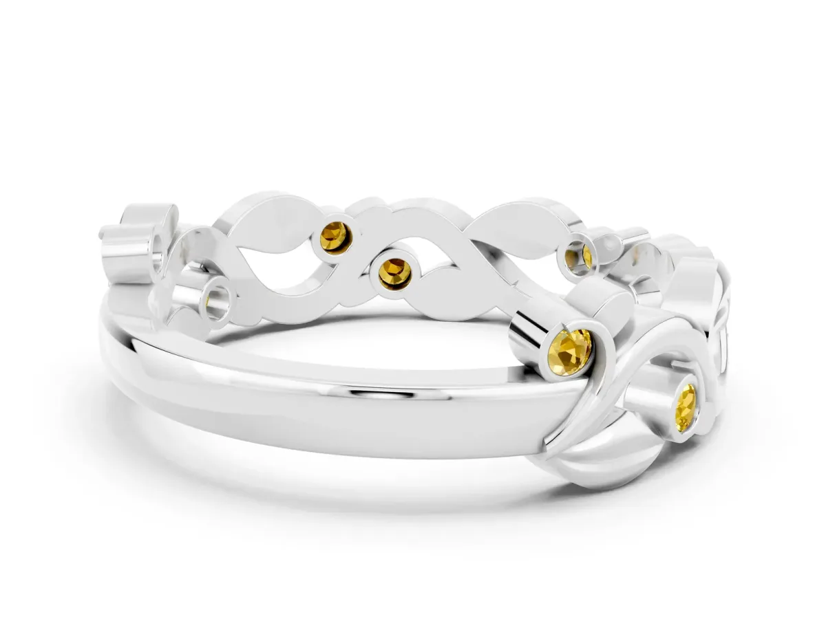 Round Yellow Sapphire Leaf Eternity Band with Bezel Setting White gold