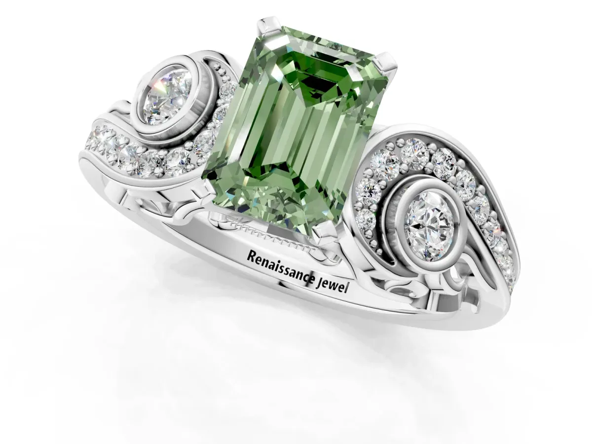 Fancy Green Emerald Cut Diamond Solitaire Ring with Milgrain Pavé Band and Four-Prong Setting Silver