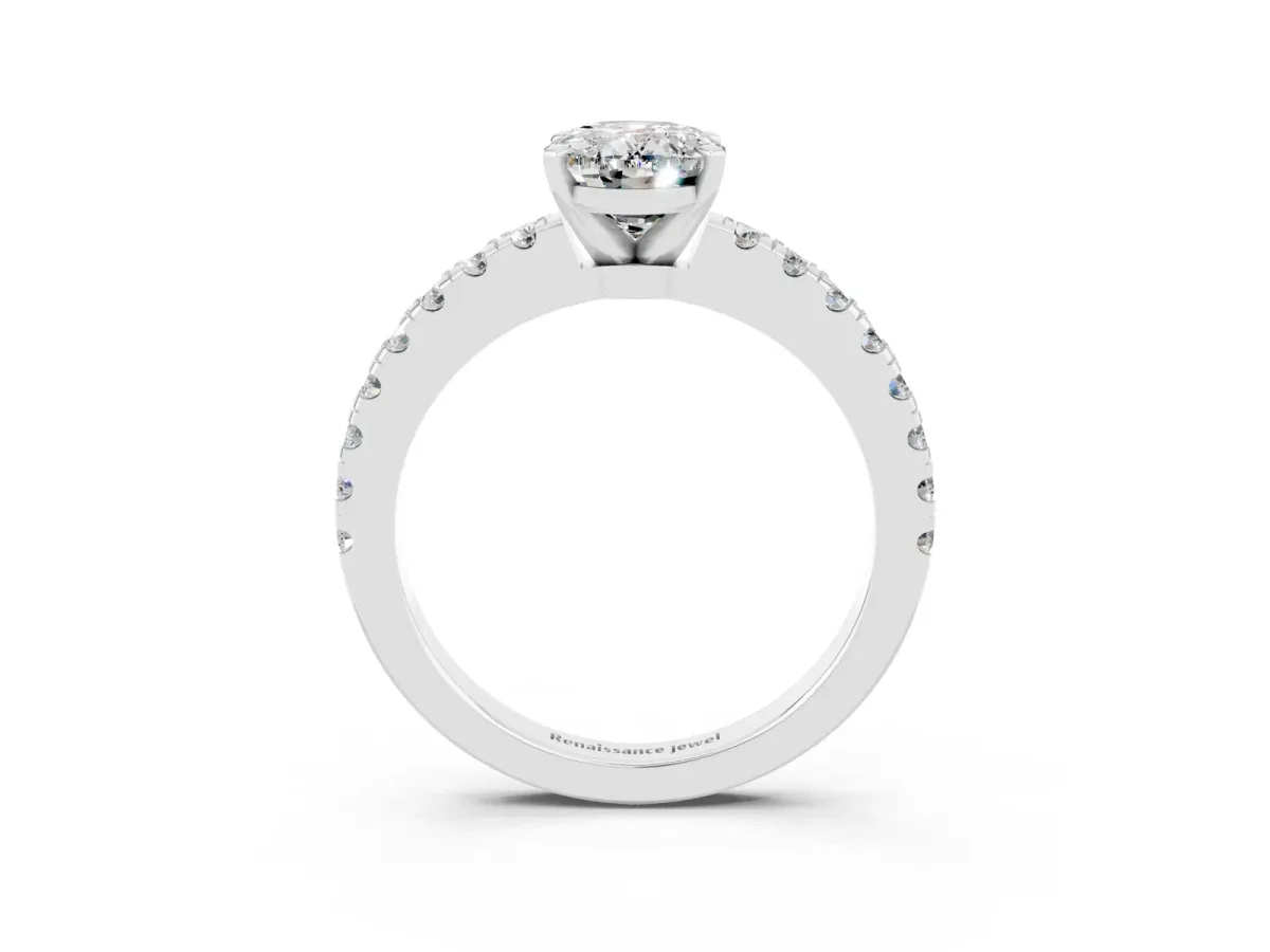 Oval Cut Solitaire Moissanite with Pavé Band and Four-Prong Setting Silver