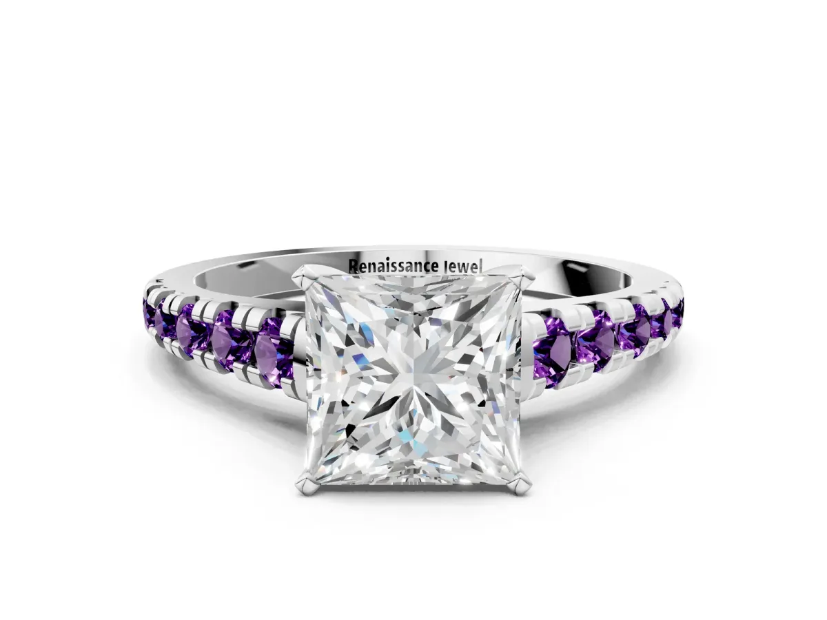 Princess Cut Diamond Cathedral Solitaire Ring with Round Amethyst Pavé Band Silver