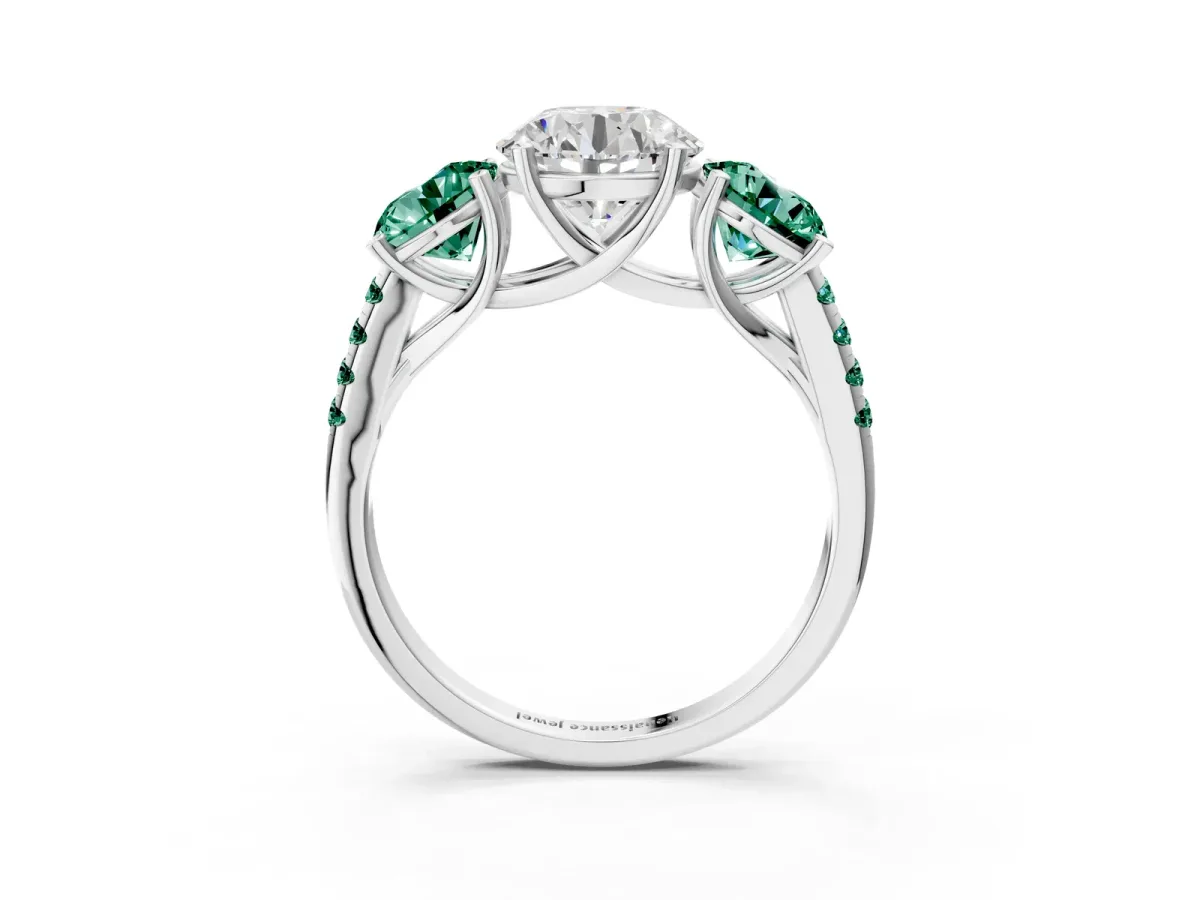 Three-Stone Round Cut Diamond Ring with Round Green Sapphire Pavé Band and Prong Setting Silver