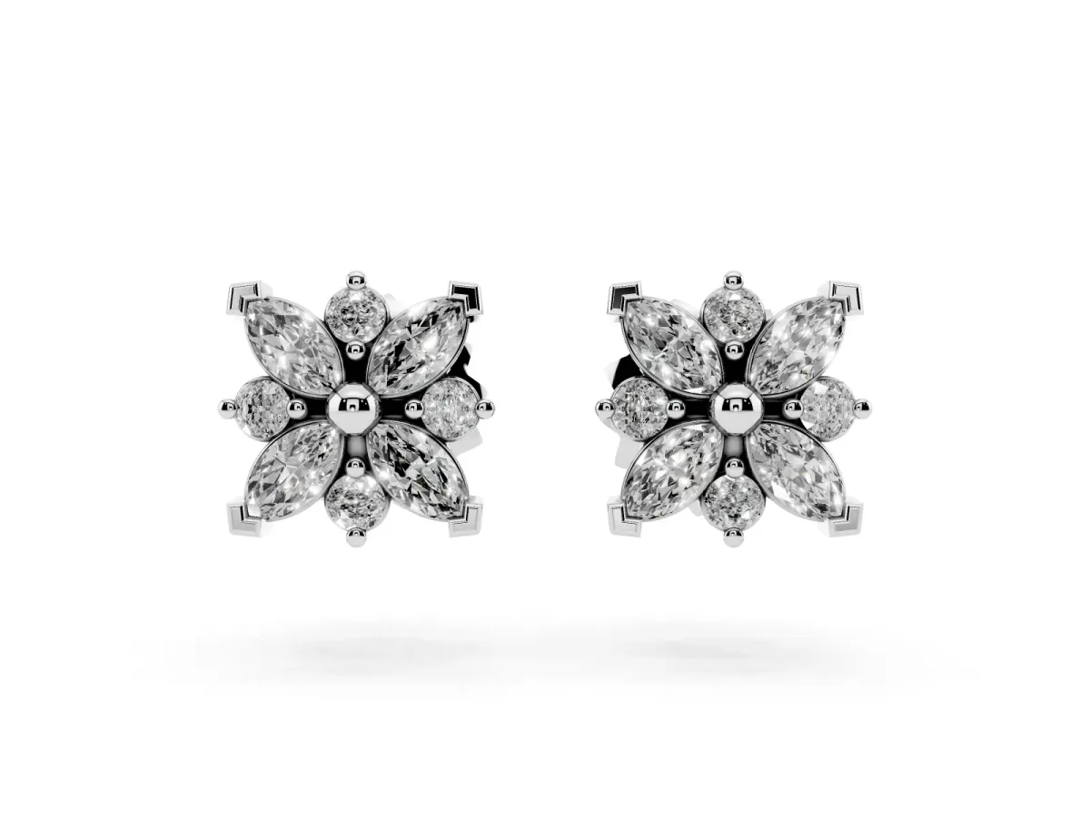 Marquise Diamond Petal Stud Earrings with Diamond Accents Silver