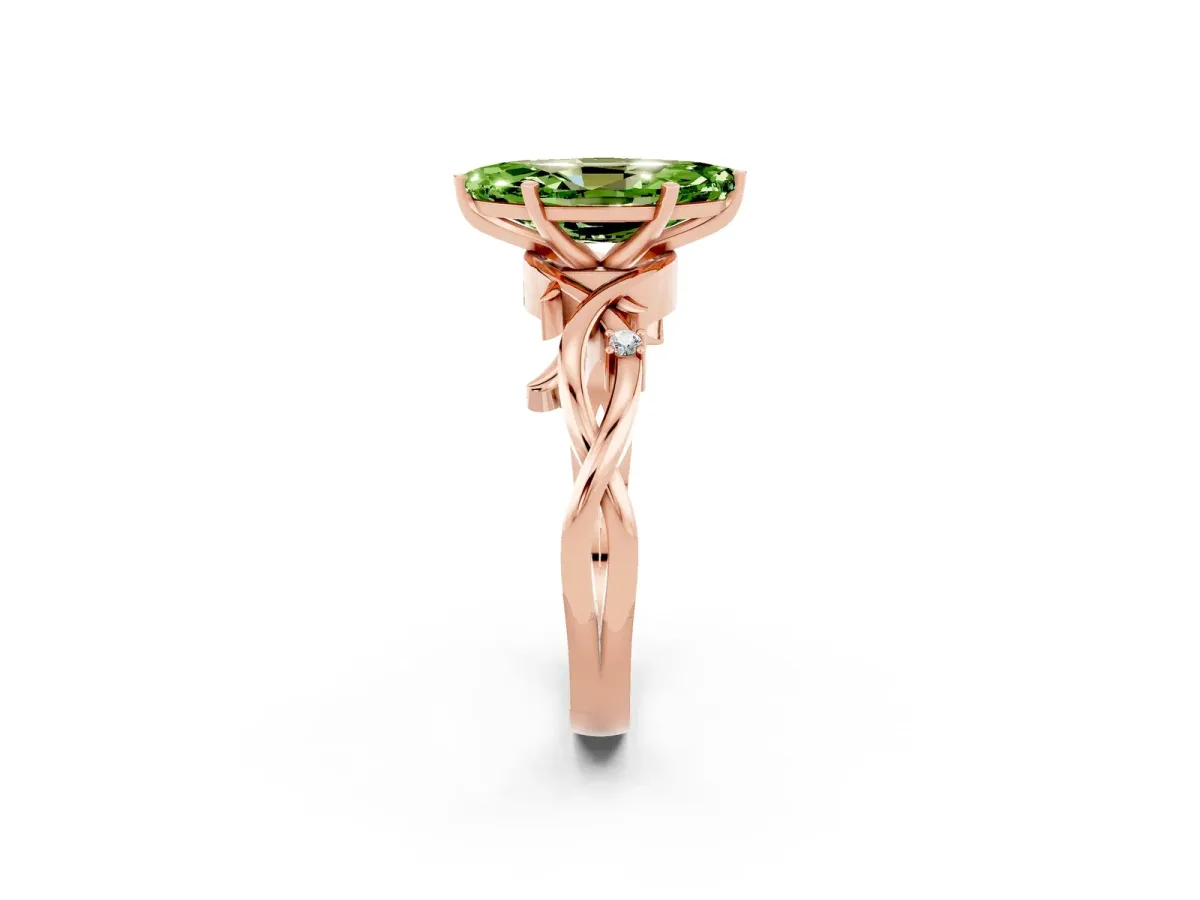 Marquise Cut Peridot Solitaire Ring with Twisted Band and Prong Setting Rose gold