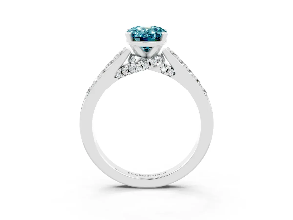 Oval Cut Blue Topaz Solitaire Ring with Crossover Gallery and Round Pavé Band Silver