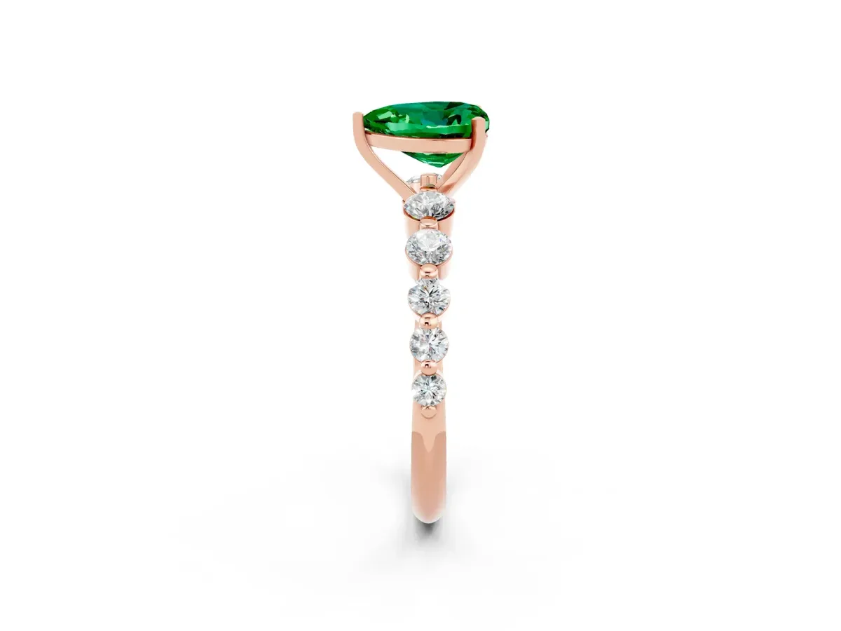 Heart Cut Solitaire Emerald Ring with Pave Band and Four-Prong Setting Rose gold
