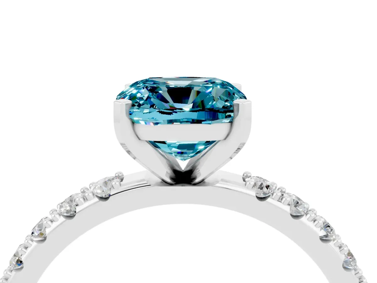 Cushion Cut Blue Topaz Solitaire Pavé Band with Four-Prong Setting Silver