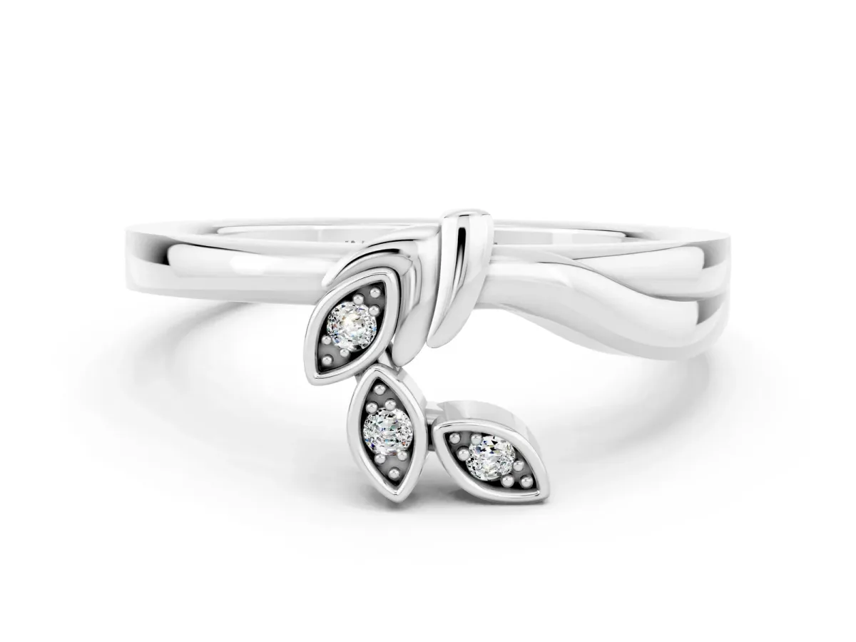 Three-Stone Round Moissanite Leaf Bypass Ring with Bezel Setting Silver