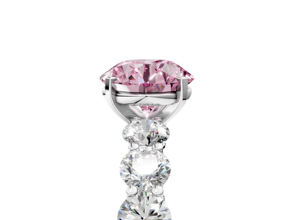 Fancy Pink Round Cut Diamond Prong Setting with Side Stones on a Pave Band Silver