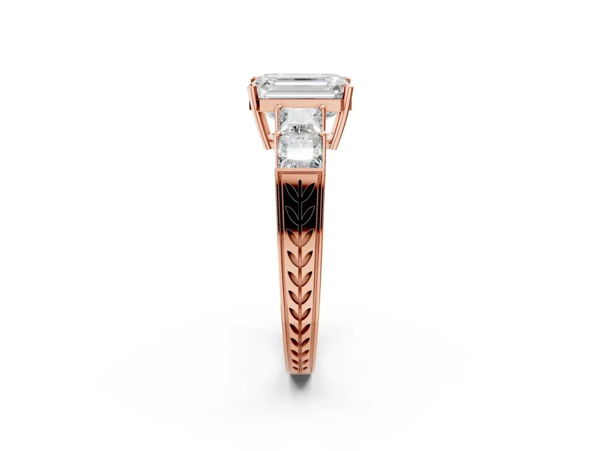 Emerald Cut Solitaire Princess Side Stone Engraved Band Prong Setting Ring Rose gold