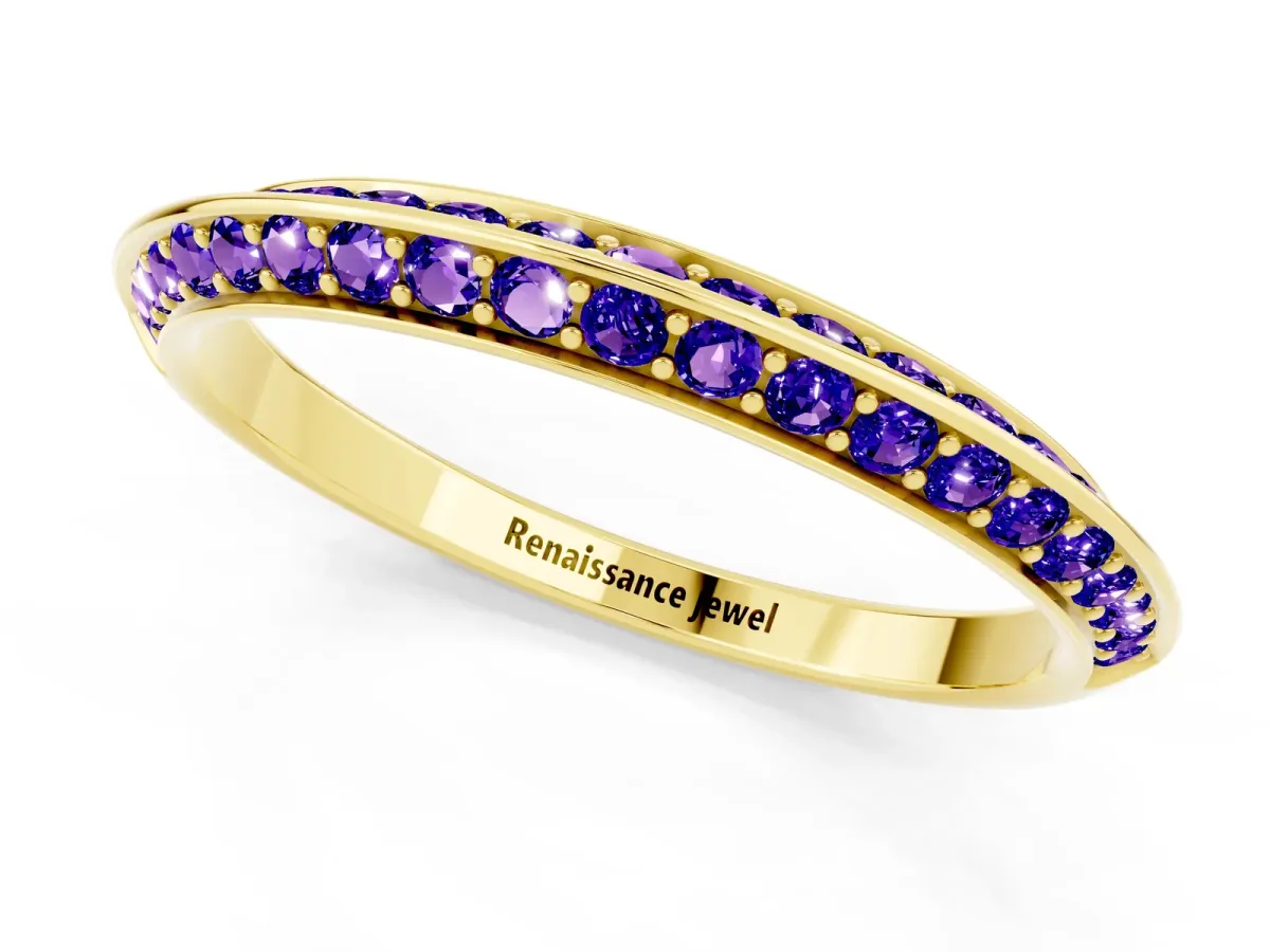 Double Row Pavé Round Tanzanite Eternity Band with Channel Setting Yellow gold