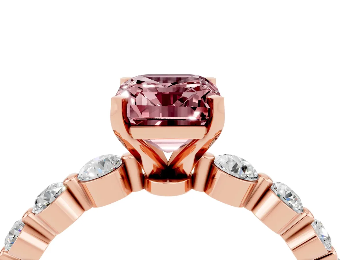 Emerald Cut Solitaire Morganite Ring with Pave Band and Four-Prong Setting Rose gold