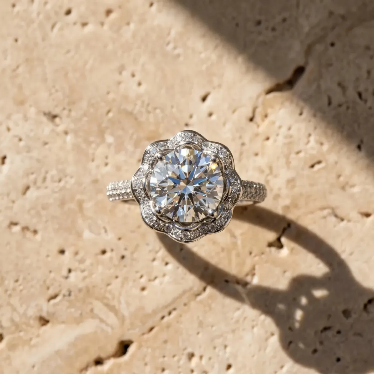 Round Cut Halo Diamond Floral Pave Band Ring with Four-Prong Setting Silver