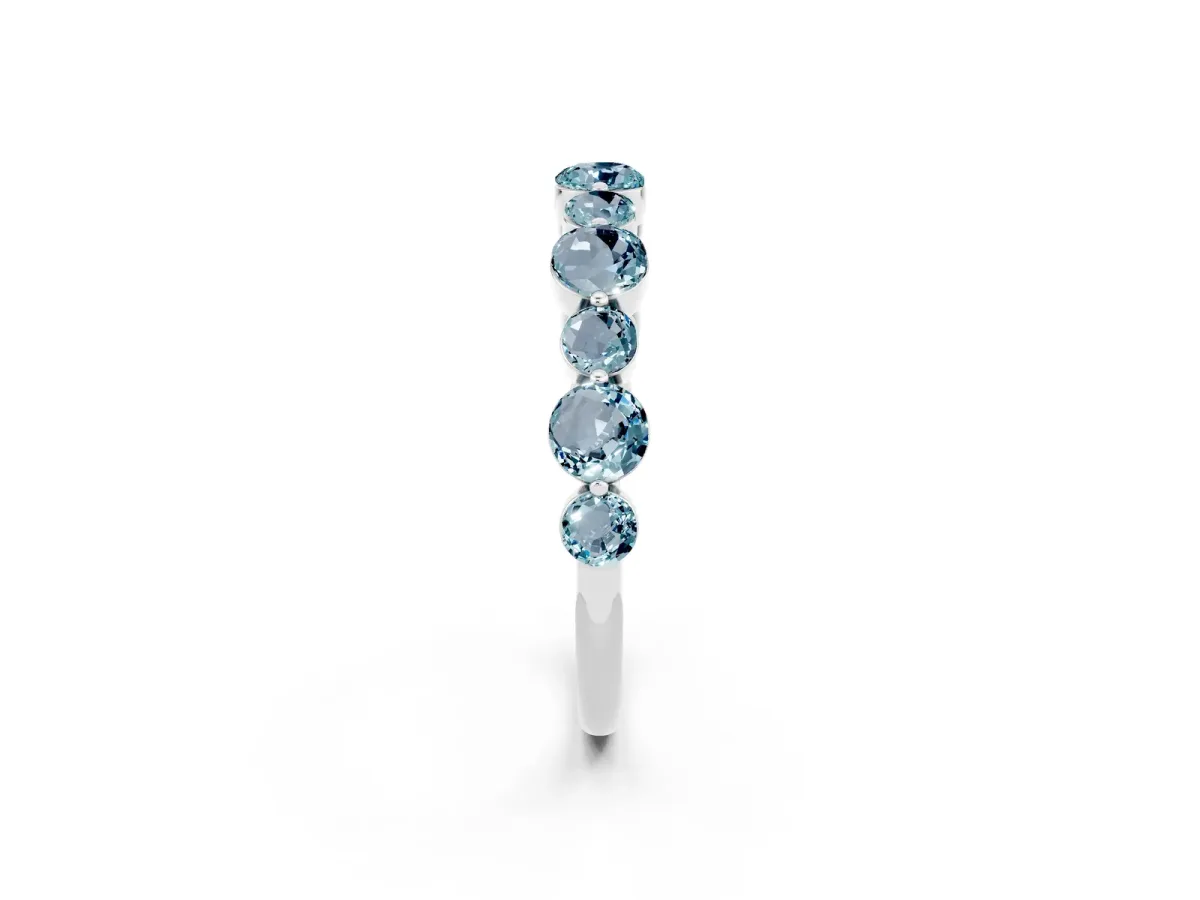 Round Aquamarine Scalloped Prong Set Eternity Band Silver