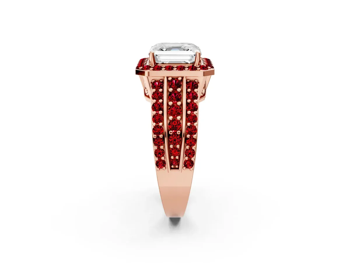 Asscher Cut Halo Diamond Ring with Round Ruby Split Shank and Prong Setting Rose gold