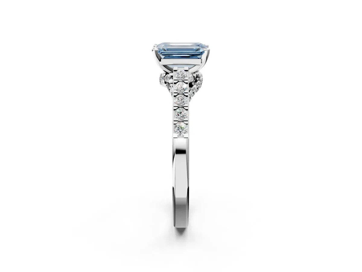 Fancy Blue Emerald Cut Diamond Solitaire Ring with Crossover Gallery and Round Pavé Band Silver