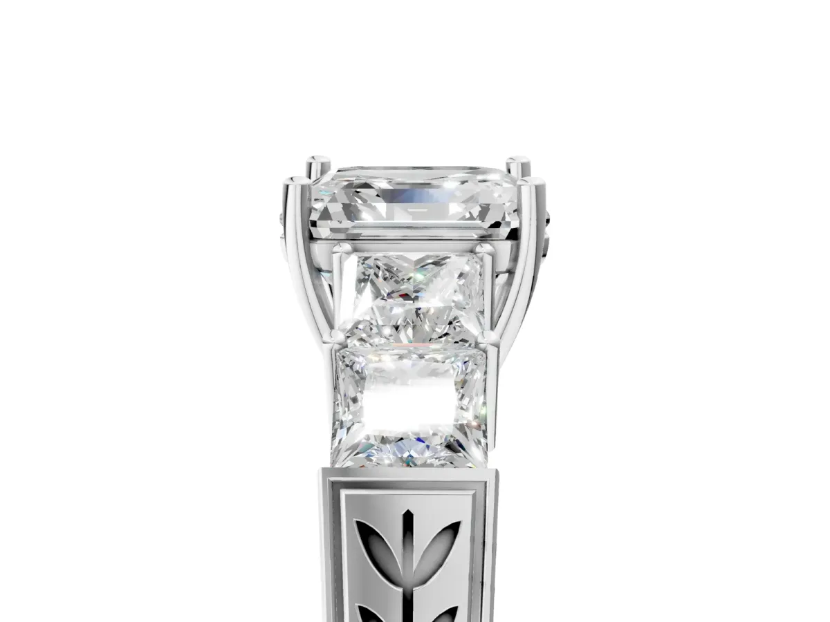 Round Cut Solitaire Princess Side Stone Engraved Band Prong Setting Ring Silver