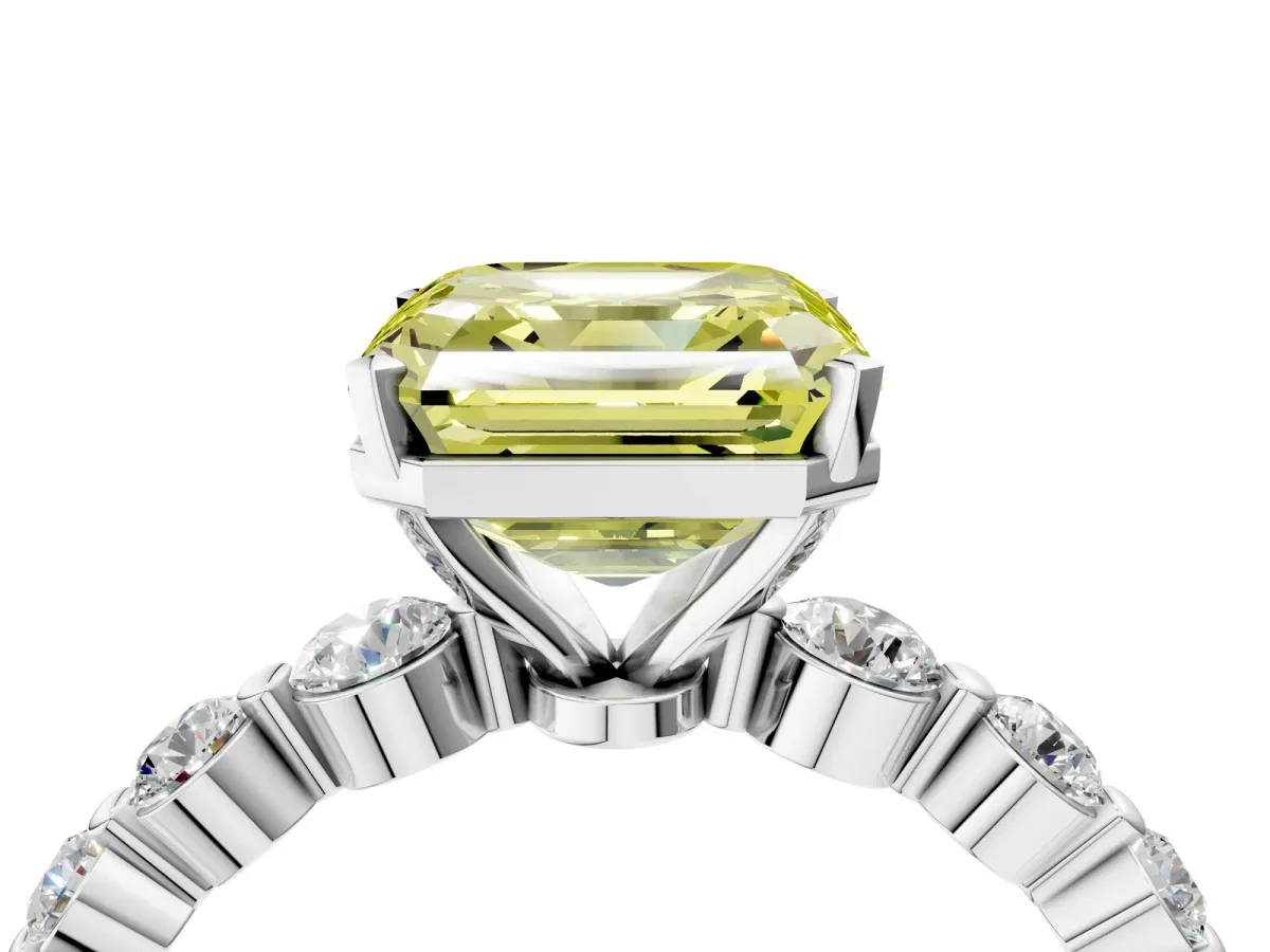 Fancy Yellow Asscher Cut Solitaire Diamond Ring with Pave Band and Four-Prong Setting Silver