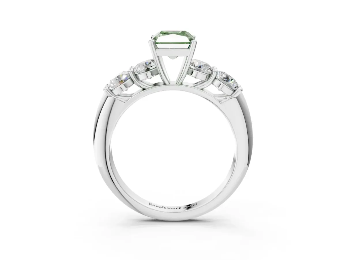 Fancy Green Radiant Cut Cut Five-Stone Prong Set Diamond Ring with Classic Band Platinum