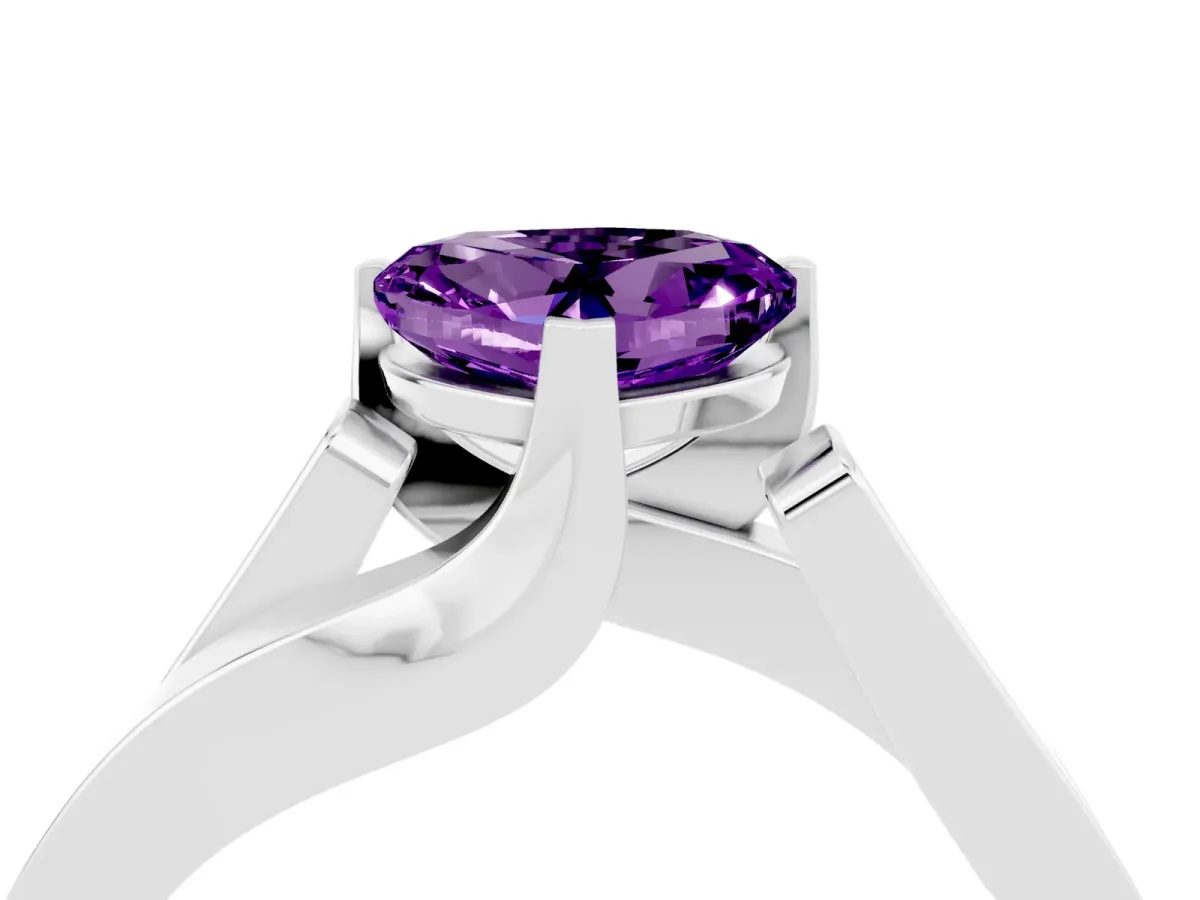 Modern Tension Set Heart Cut Amethyst Solitaire Wide Band Ring Silver